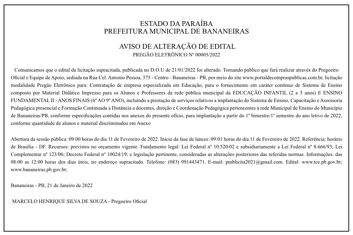 PREFEITURA MUNICIPAL DE BANANEIRAS – AVISO DE ALTERAÇÃO DE EDITAL – PREGÃO ELETRÔNICO Nº 00005/2022