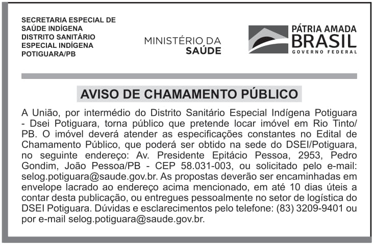 DSEI – PB – POTIGUARA – Aviso de Chamamento Público (Rio Tinto/PB)