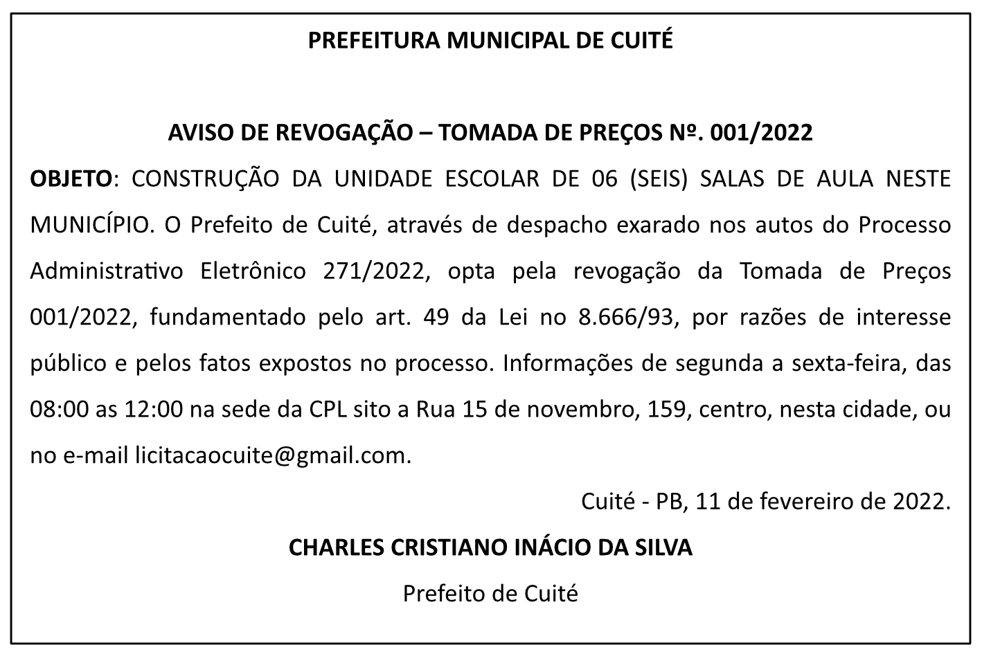 PREFEITURA MUNICIPAL DE CUITÉ – AVISO DE REVOGAÇÃO – TOMADA DE PREÇOS Nº 001/2022
