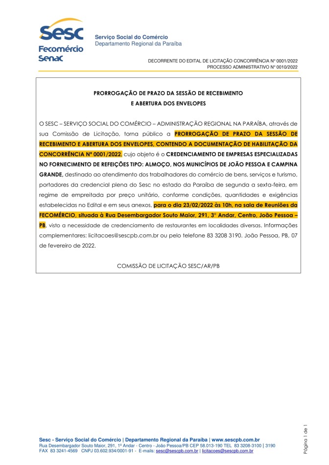 SESC – PRORROGAÇÃO DE PRAZO DA SESSÃO DE RECEBIMENTO E ABERTURA DOS ENVELOPES