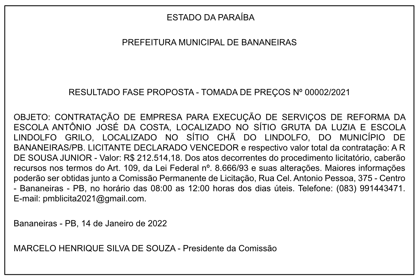 PREFEITURA MUNICIPAL DE BANANEIRAS – RESULTADO FASE PROPOSTA – TOMADA DE PREÇOS Nº 00002/2021