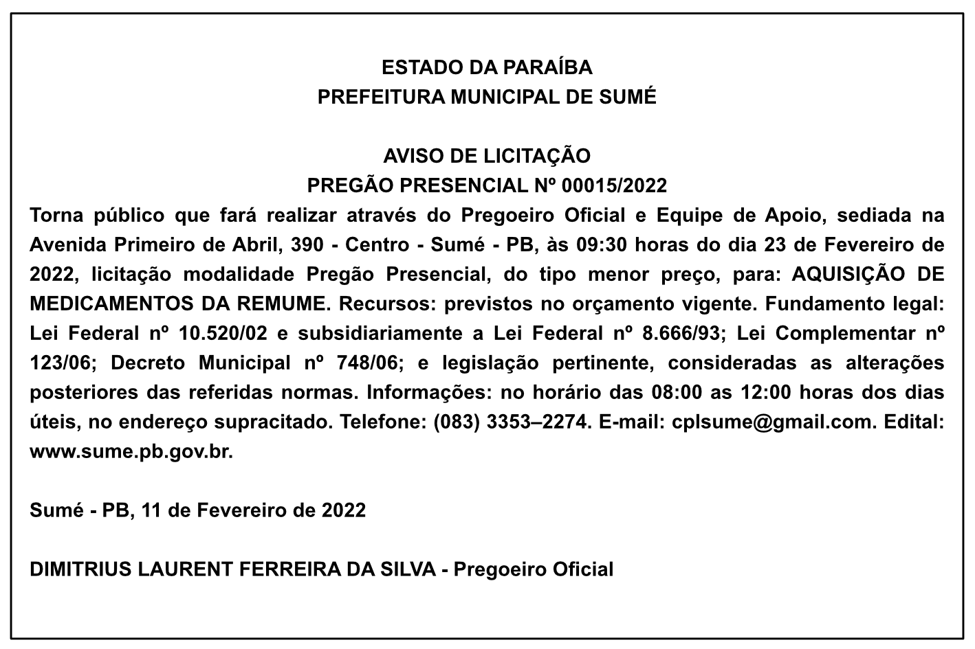 PREFEITURA MUNICIPAL DE SUMÉ – AVISO DE LICITAÇÃO – PREGÃO PRESENCIAL Nº 00015/2022