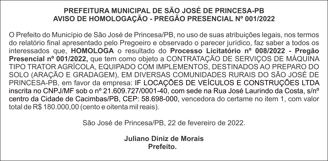 PREFEITURA MUNICIPAL DE SÃO JOSÉ DE PRINCESA-PB AVISO DE HOMOLOGAÇÃO – PREGÃO PRESENCIAL Nº 001/2022