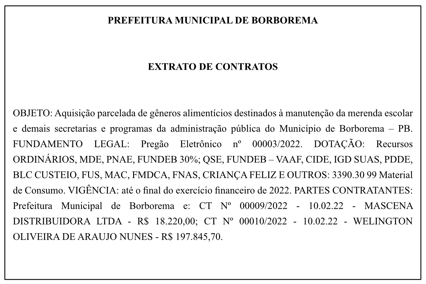 PREFEITURA MUNICIPAL DE BORBOREMA – EXTRATO DE CONTRATOS