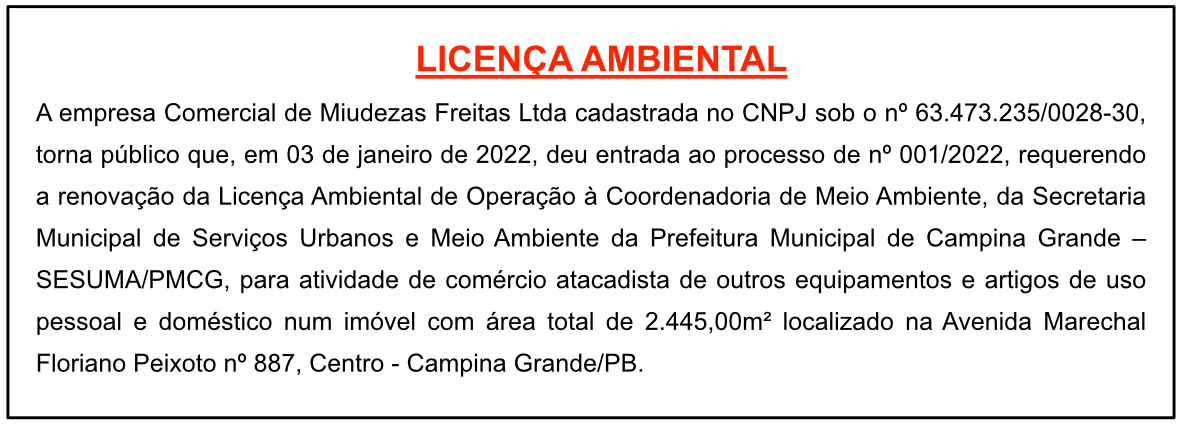 Comercial de Miudezas Freitas Ltda – Licença Ambiental