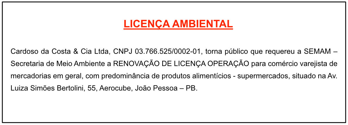 Cardoso da Costa & Cia Ltda – Licença Ambiental