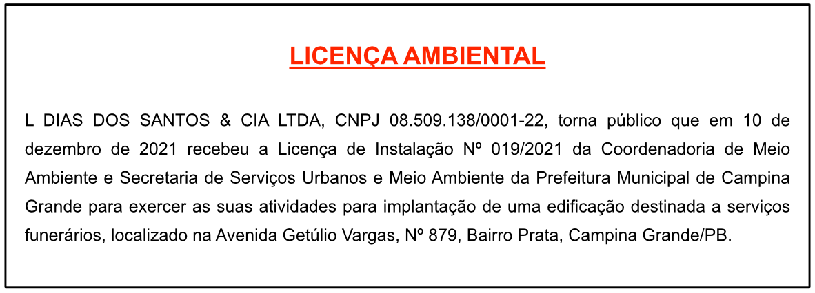 L DIAS DOS SANTOS & CIA LTDA – LICENÇA AMBIENTAL