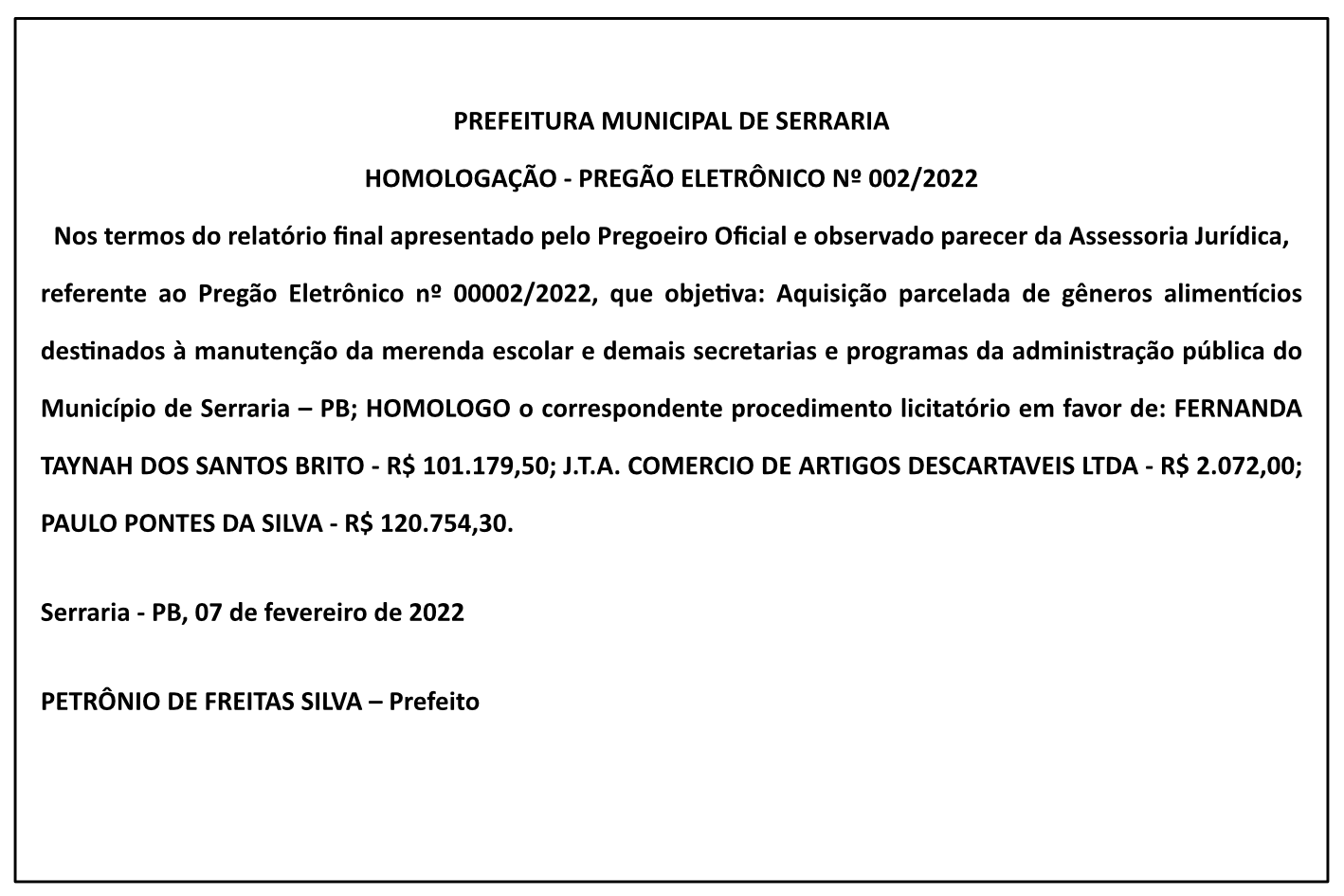 PREFEITURA MUNICIPAL DE SERRARIA – HOMOLOGAÇÃO – PREGÃO ELETRÔNICO Nº 002/2022
