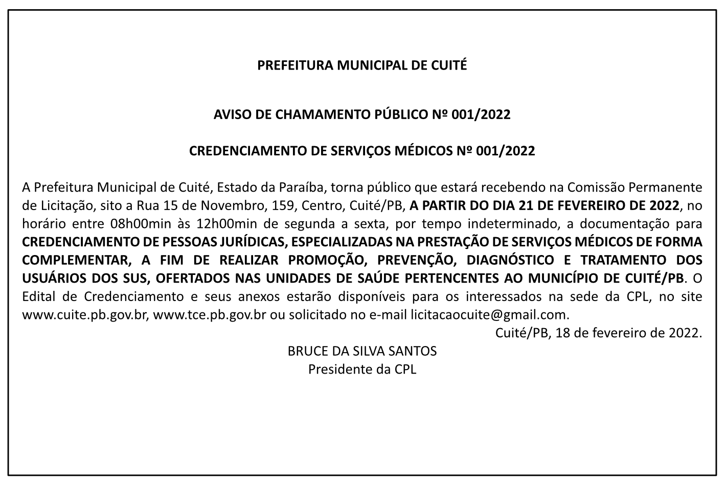 PREFEITURA DE CUITÉ – AVISO DE CHAMAMENTO PÚBLICO Nº 001/2022 – CREDENCIAMENTO DE SERVIÇOS MÉDICOS Nº 001/2022