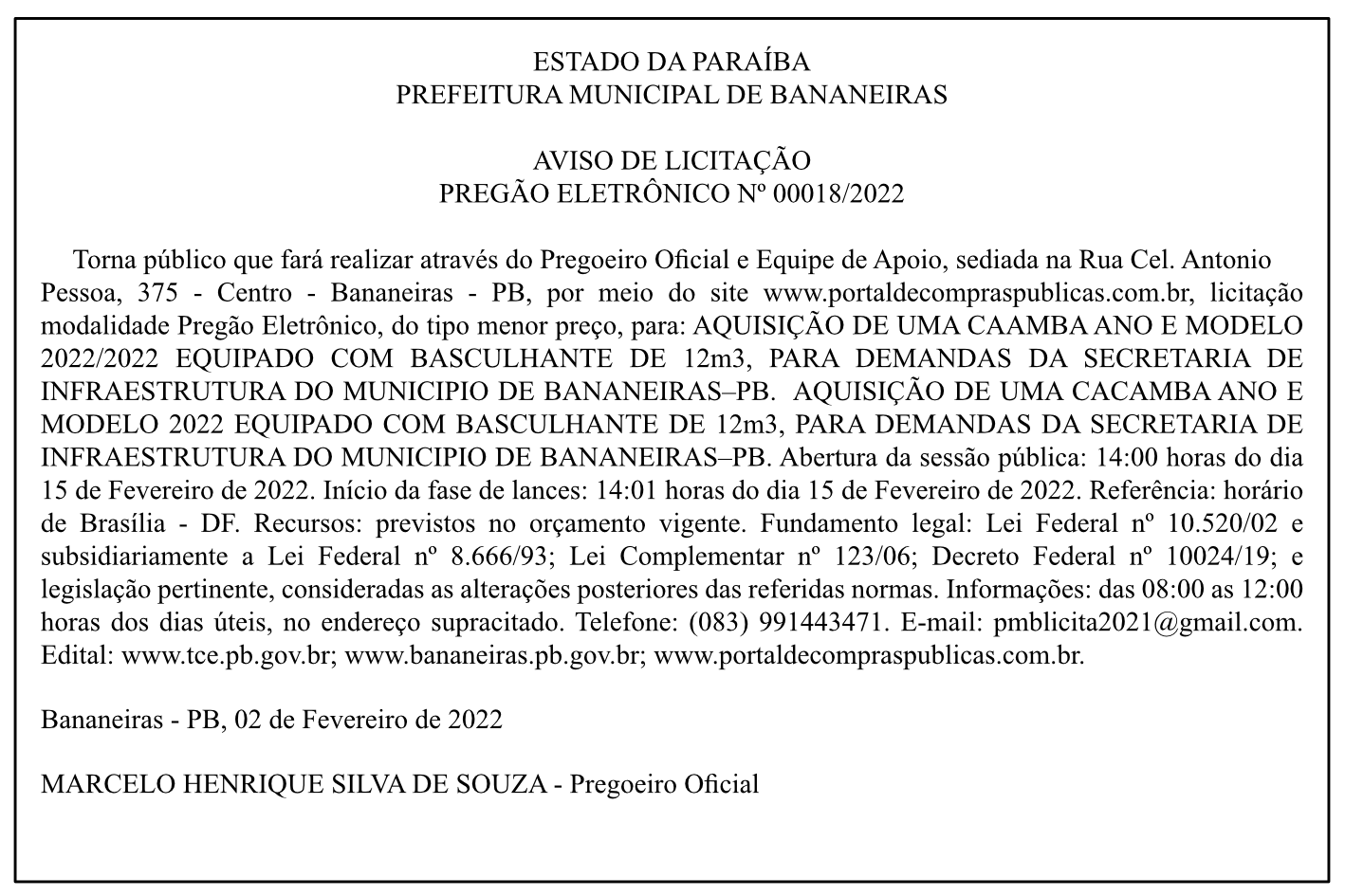 PREFEITURA MUNICIPAL DE BANANEIRAS – AVISO DE LICITAÇÃO – PREGÃO ELETRÔNICO Nº 00018/2022