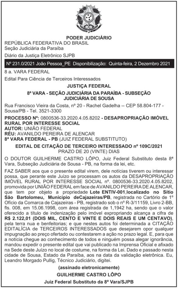 MDR – DF – BRASÍLIA – EDITAL DE CITAÇÃO DE TERCEIRO INTERESSADO – AVANILDO PEREIRA DE ALENCAR