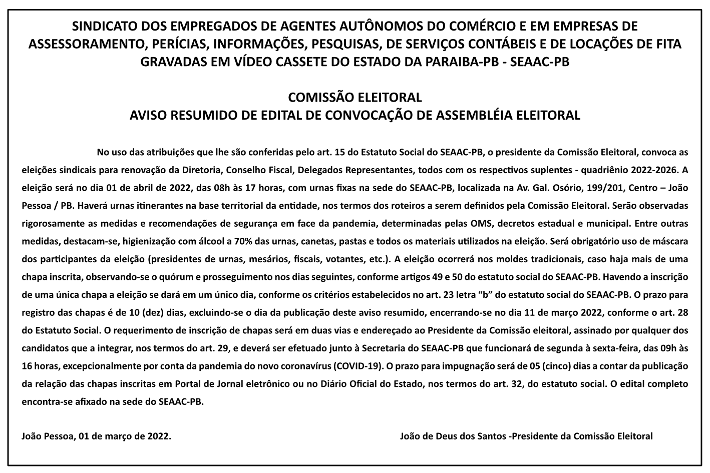 SEAAC-PB – COMISSÃO ELEITORAL – AVISO RESUMIDO DE EDITAL DE CONVOCAÇÃO DE ASSEMBLÉIA ELEITORAL