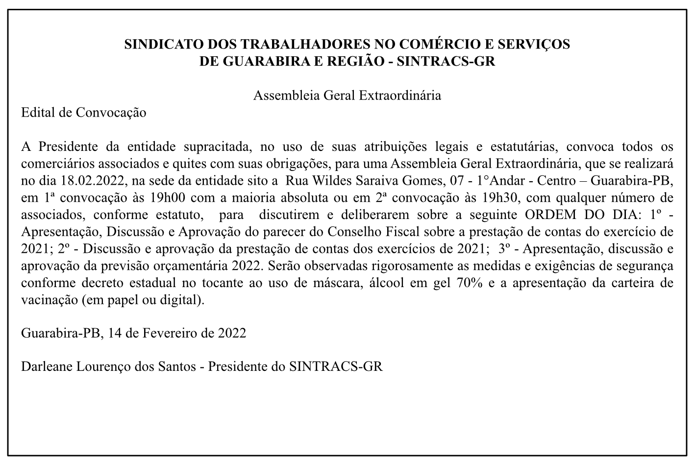 SINTRACS-GR  – Assembleia Geral Extraordinária – Edital de Convocação