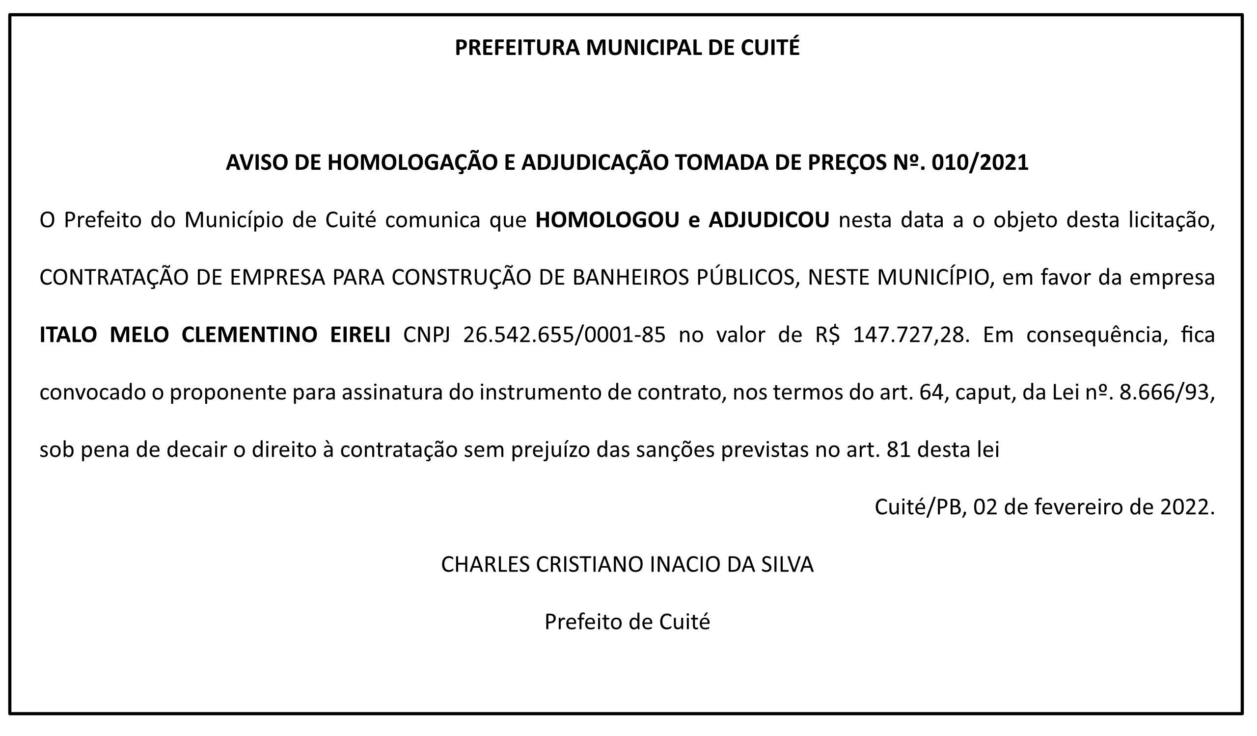 PREFEITURA MUNICIPAL DE CUITÉ – AVISO DE HOMOLOGAÇÃO E ADJUDICAÇÃO – TOMADA DE PREÇOS Nº 010/2021