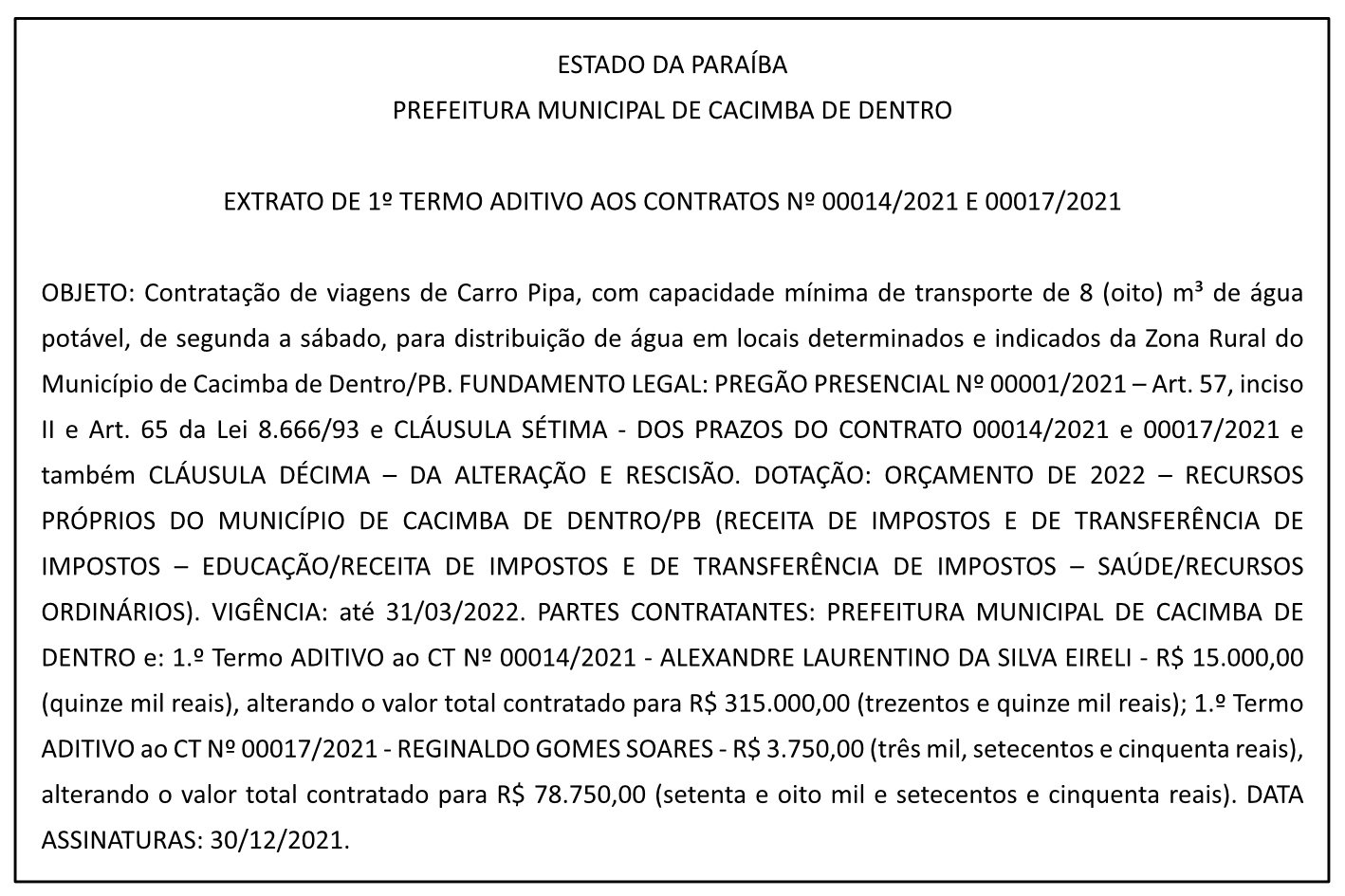 PREFEITURA MUNICIPAL DE CACIMBA DE DENTRO – EXTRATO DE 1º TERMO ADITIVO AOS CONTRATOS Nº 00014/2021 E 00017/2021