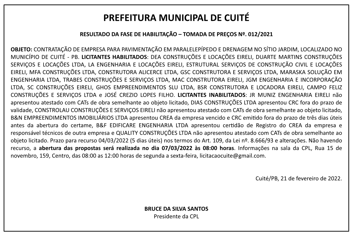 PREFEITURA MUNICIPAL DE CUITÉ – RESULTADO DA FASE DE HABILITAÇÃO – TOMADA DE PREÇOS Nº 012/2021