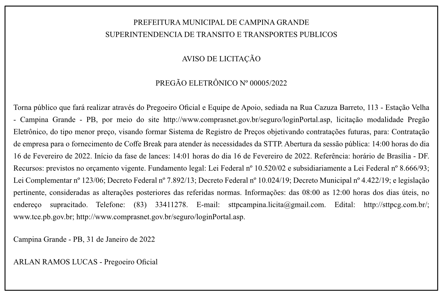 STTP – AVISO DE LICITAÇÃO – PREGÃO ELETRÔNICO Nº 00005/2022