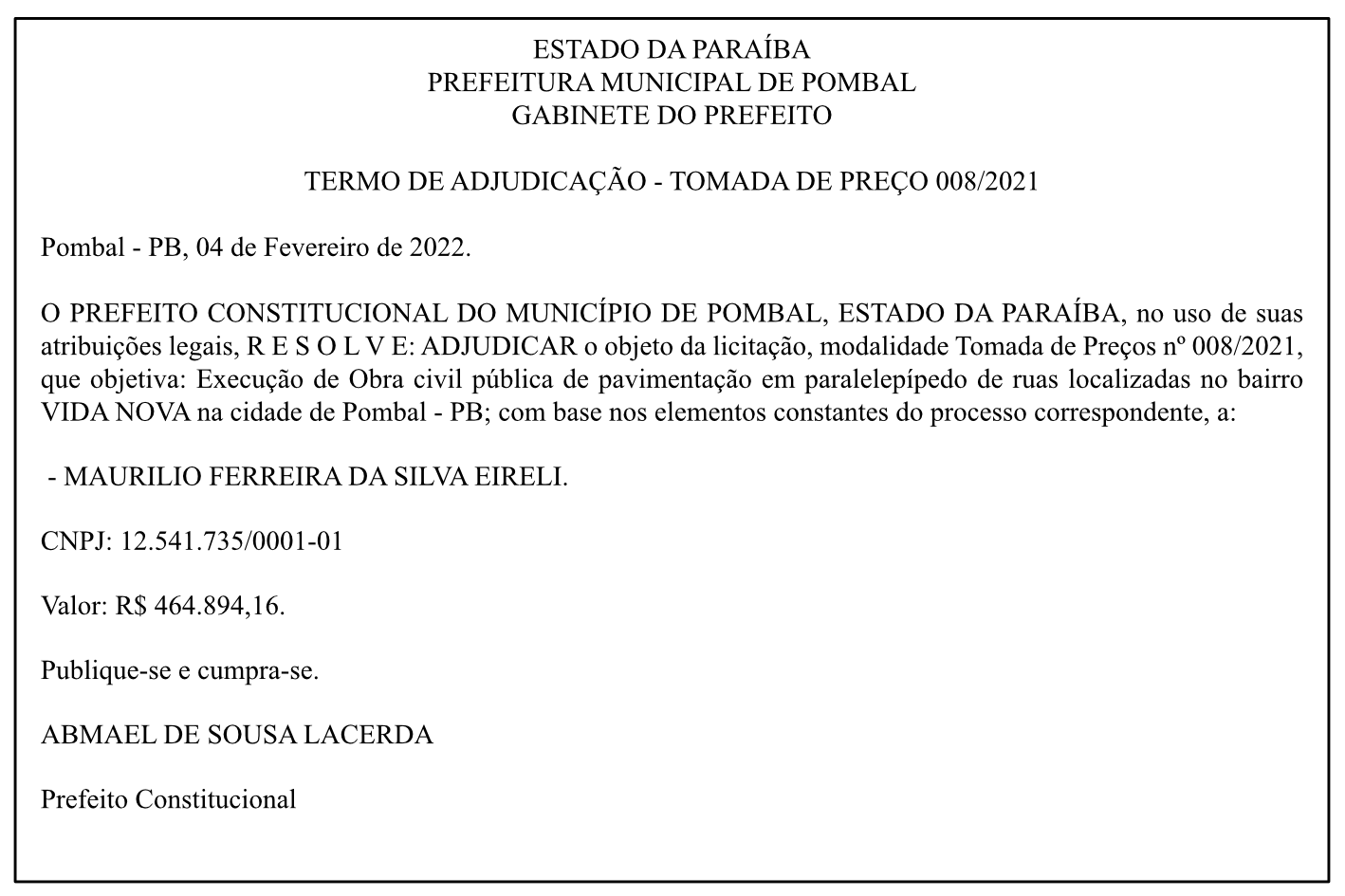 PREFEITURA MUNICIPAL DE POMBAL – GABINETE DO PREFEITO – TERMO DE ADJUDICAÇÃO – TOMADA DE PREÇO 008/2021