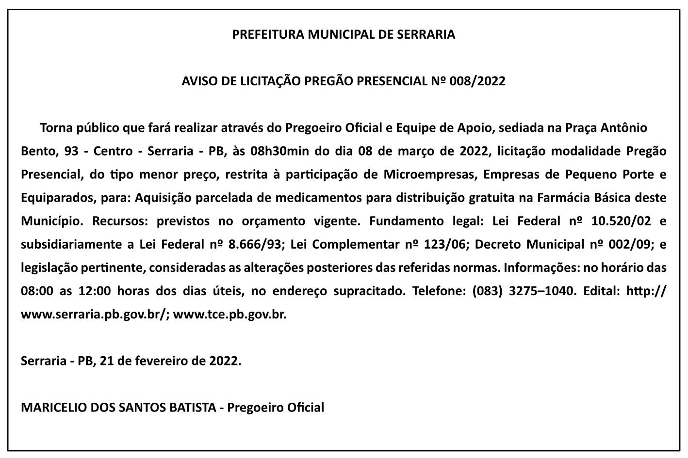 PREFEITURA MUNICIPAL DE SERRARIA – AVISO DE LICITAÇÃO – PREGÃO PRESENCIAL Nº 008/2022