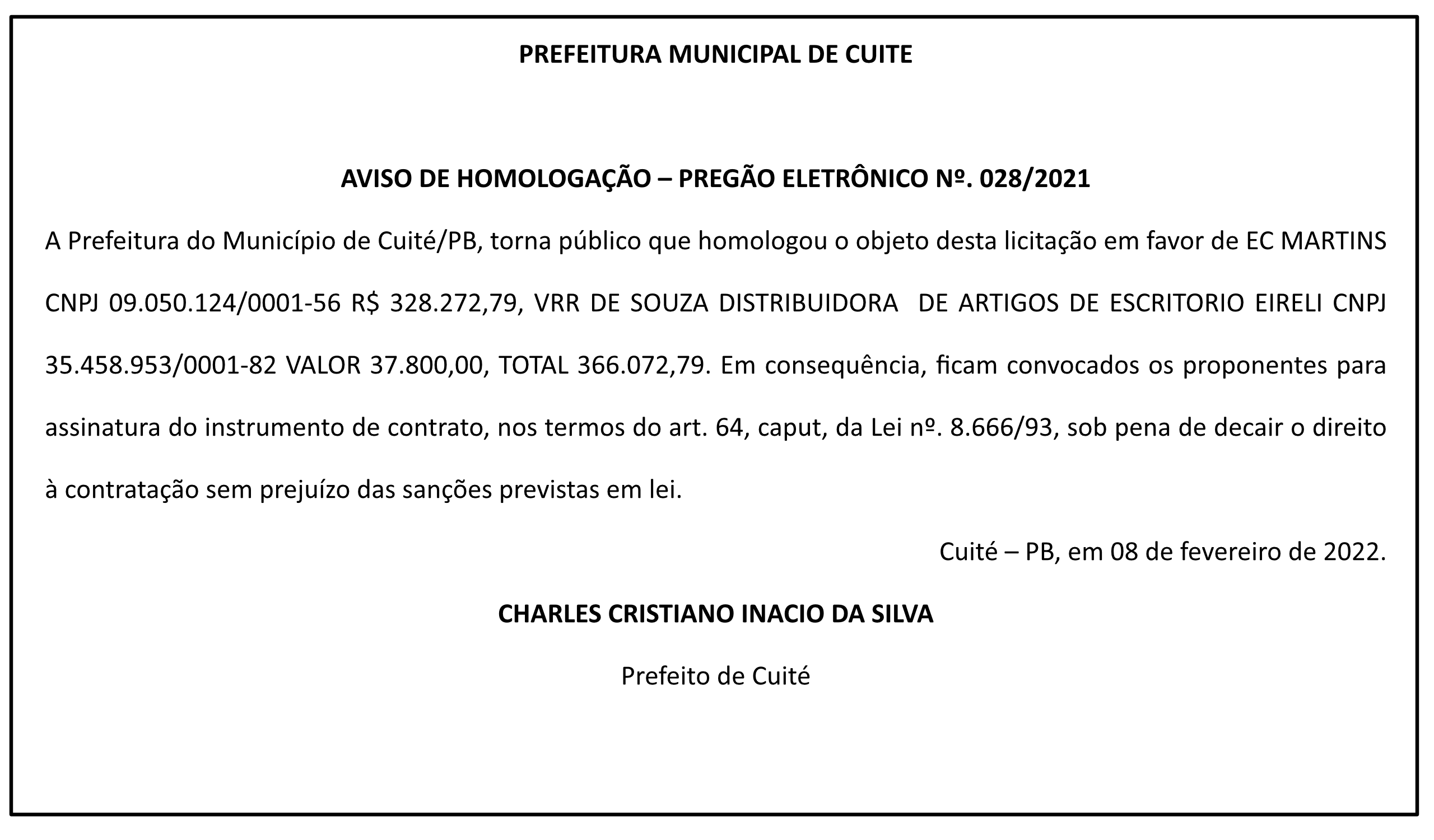 PREFEITURA MUNICIPAL DE CUITE – AVISO DE HOMOLOGAÇÃO – PREGÃO ELETRÔNICO Nº 028/2021
