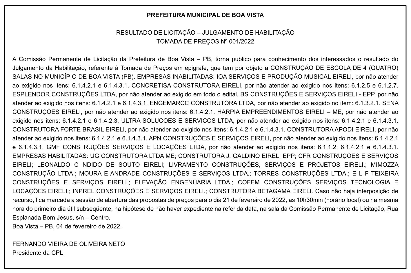 PREFEITURA MUNICIPAL DE BOA VISTA – RESULTADO DE LICITAÇÃO – JULGAMENTO DE  HABILITAÇÃO – TOMADA DE PREÇOS Nº 001/2022
