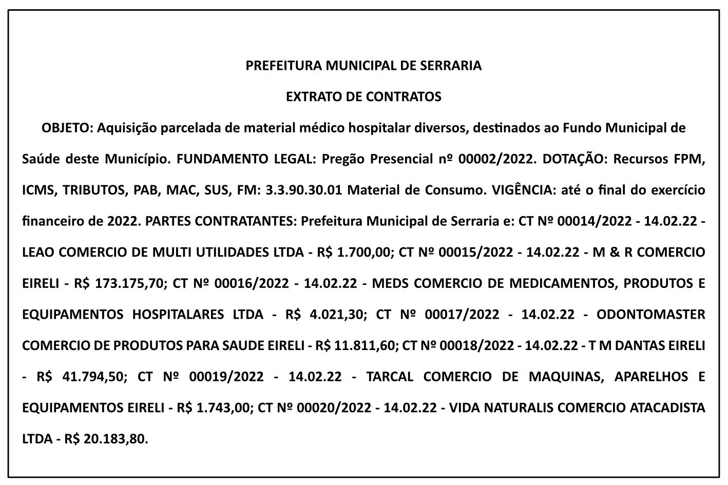 PREFEITURA MUNICIPAL DE SERRARIA – EXTRATO DE CONTRATOS