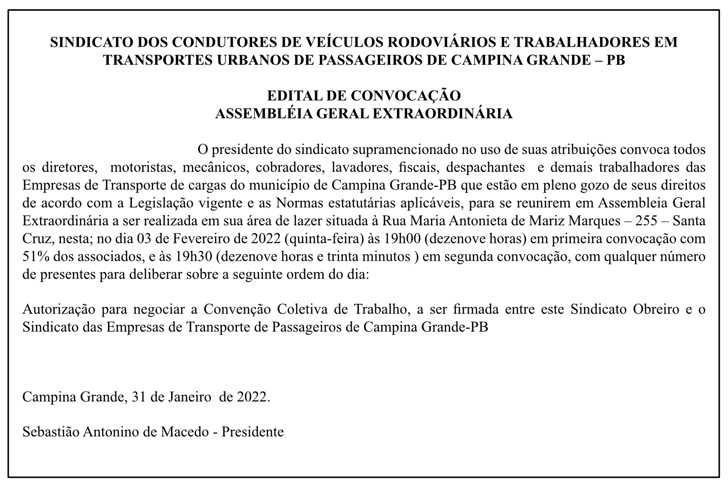 SIMCOF – EDITAL DE CONVOCAÇÃO – ASSEMBLÉIA GERAL EXTRAORDINÁRIA
