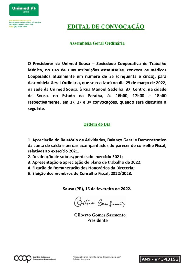 UNIMED SOUSA – EDITAL DE CONVOCAÇÃO  – Assembleia Geral Ordinária