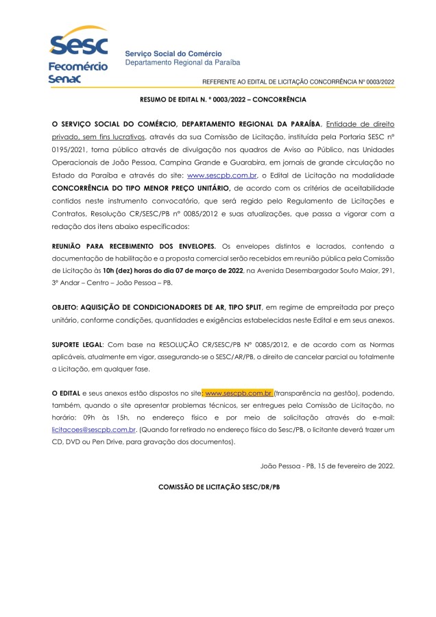 SESC – RESUMO DE EDITAL N.º 0003/2022 – CONCORRÊNCIA