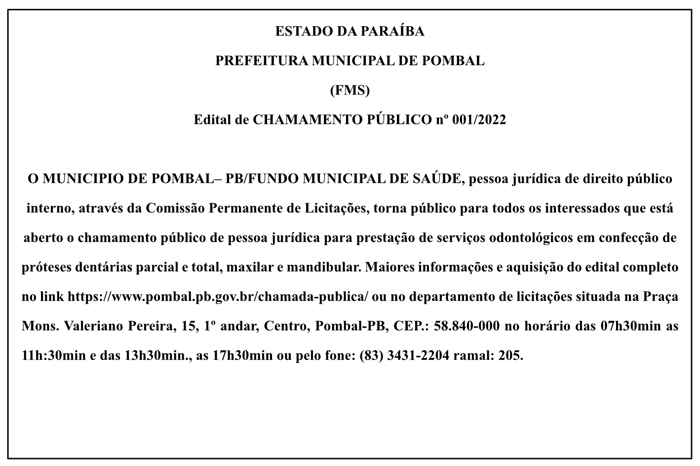PREFEITURA MUNICIPAL DE POMBAL  – EDITAL DE CHAMAMENTO PÚBLICO Nº 001/2022
