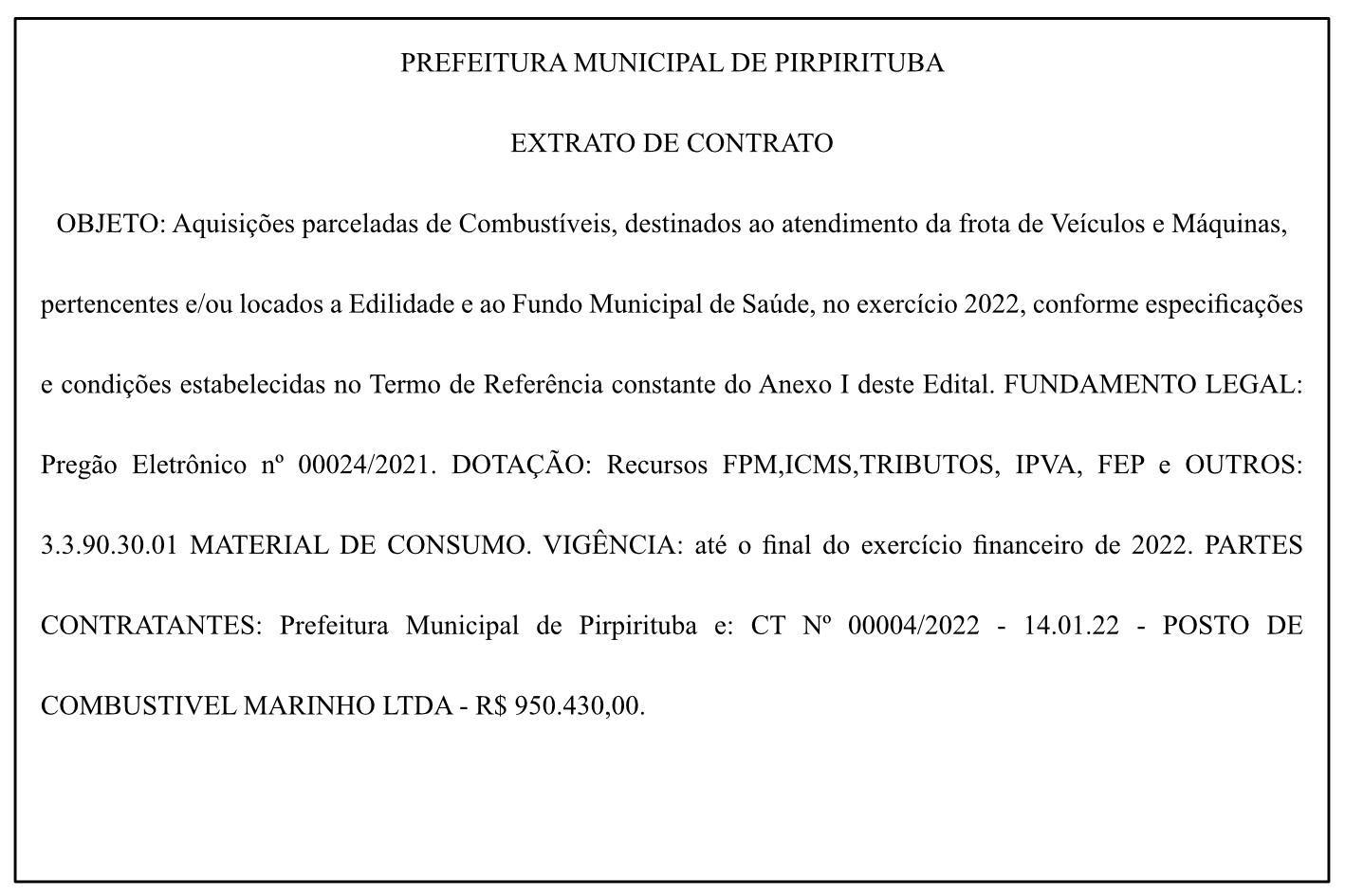 PREFEITURA MUNICIPAL DE PIRPIRITUBA – EXTRATO DE CONTRATO