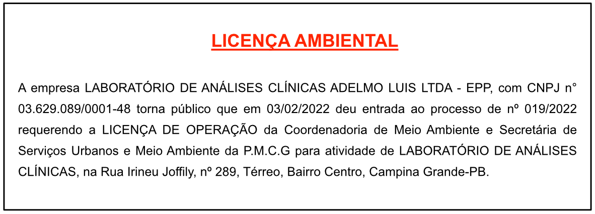 LABORATÓRIO DE ANÁLISES CLÍNICAS ADELMO LUIS LTDA – EPP – LICENÇA AMBIENTAL