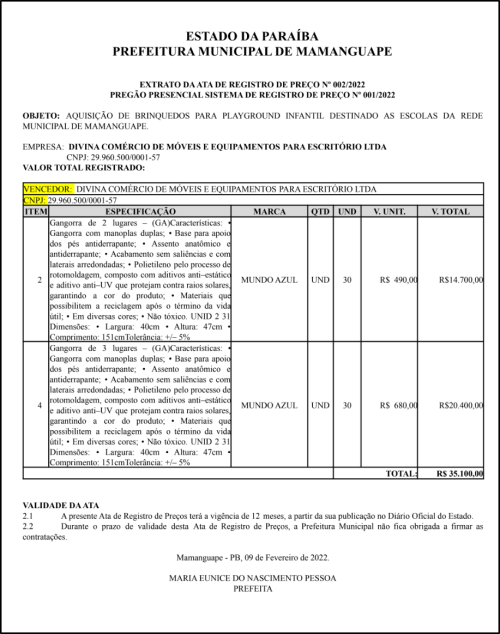 PREFEITURA MUNICIPAL DE MAMANGUAPE – EXTRATO DA ATA DE REGISTRO DE PREÇO Nº 002/2022 – PREGÃO PRESENCIAL – SISTEMA DE REGISTRO DE PREÇO Nº 001/2022