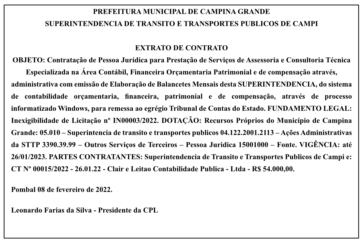 STTP – EXTRATO DE CONTRATO