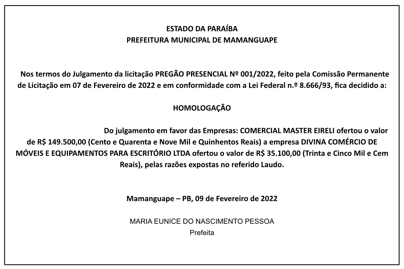PREFEITURA MUNICIPAL DE MAMANGUAPE – COMISSÃO PERMANENTE DE LICITAÇÃO – HOMOLOGAÇÃO