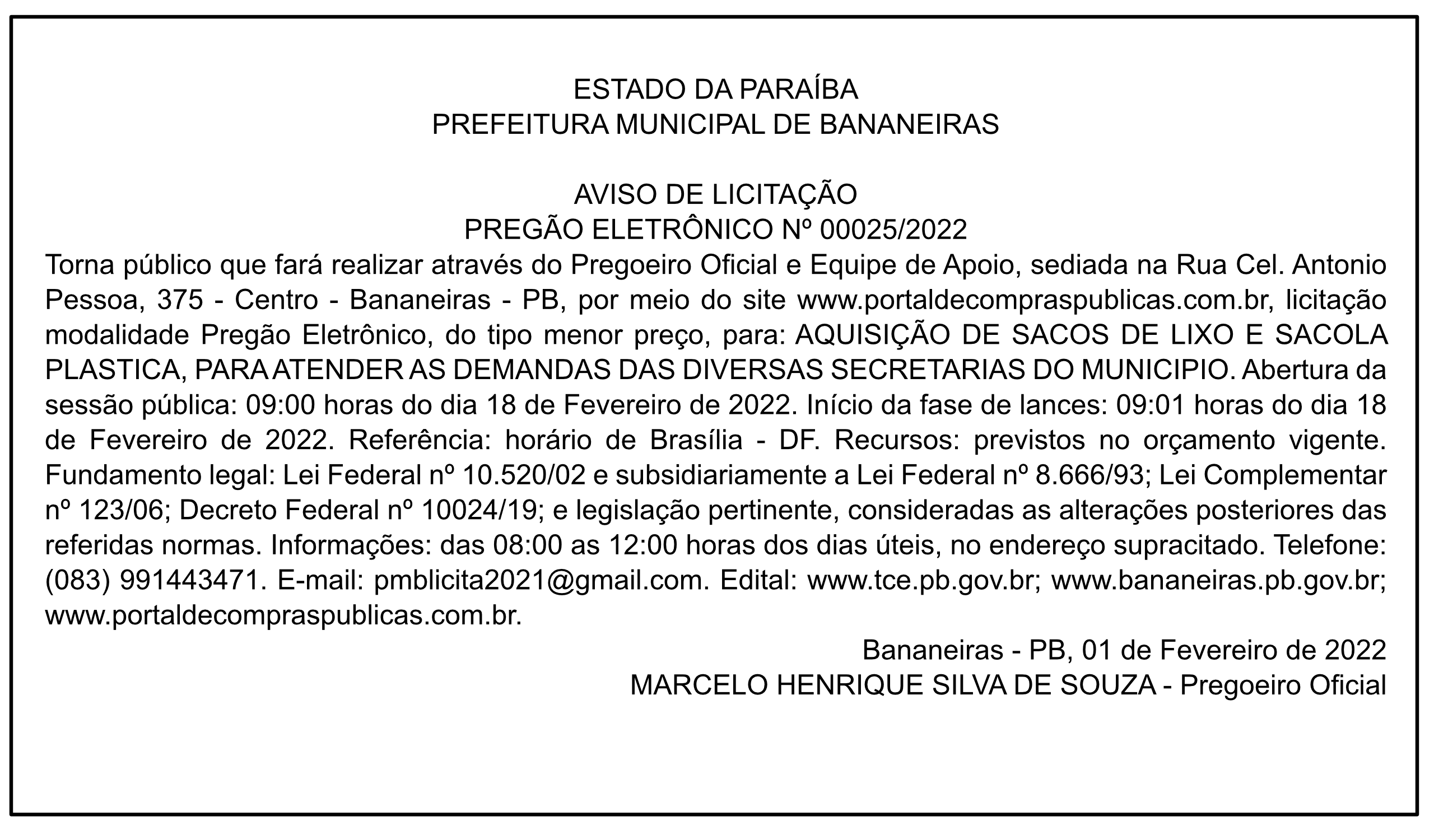 PREFEITURA MUNICIPAL DE BANANEIRAS – AVISO DE LICITAÇÃO – PREGÃO ELETRÔNICO Nº 00025/2022