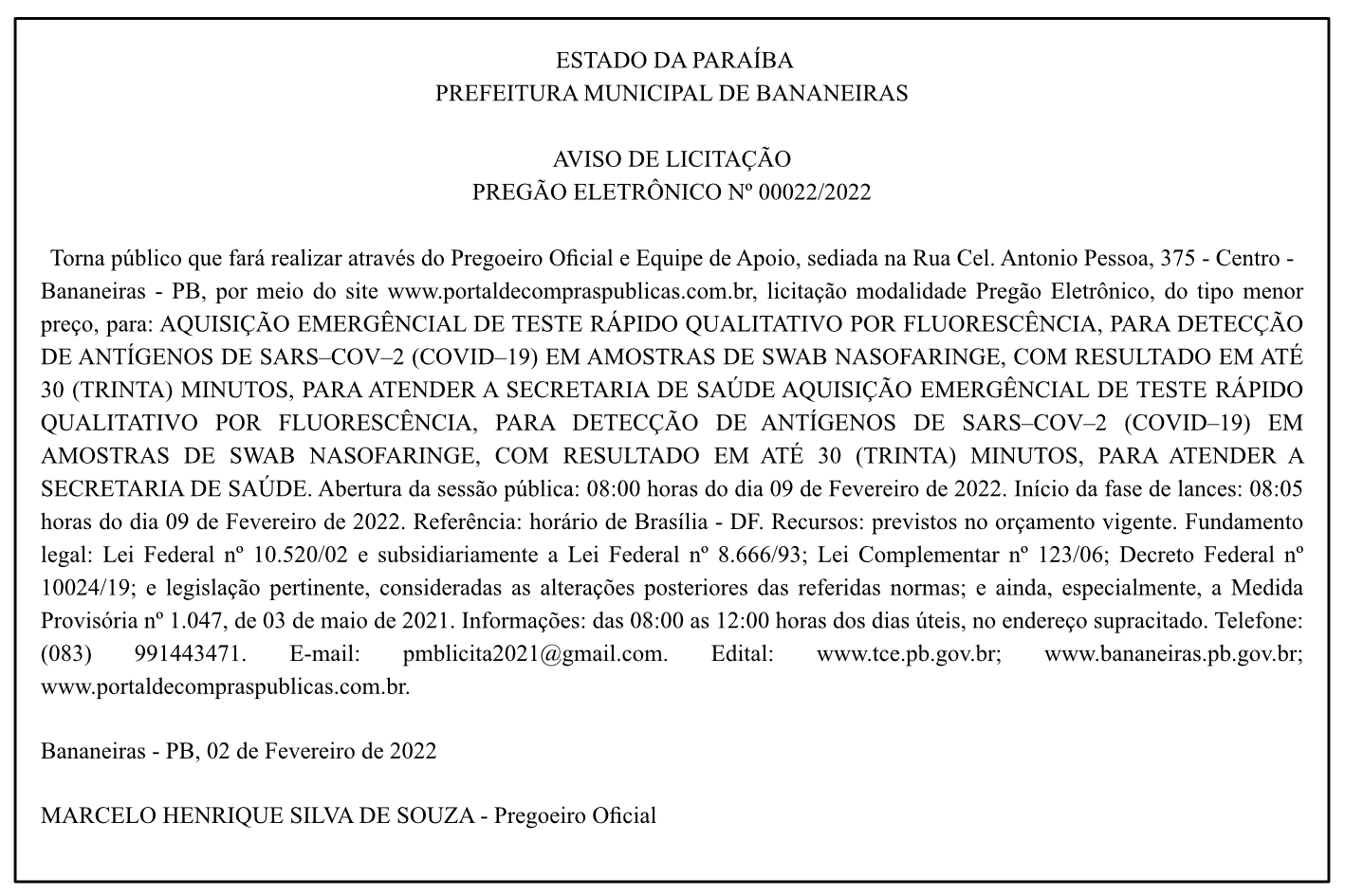 PREFEITURA MUNICIPAL DE BANANEIRAS – AVISO DE LICITAÇÃO – PREGÃO ELETRÔNICO Nº 00022/2022