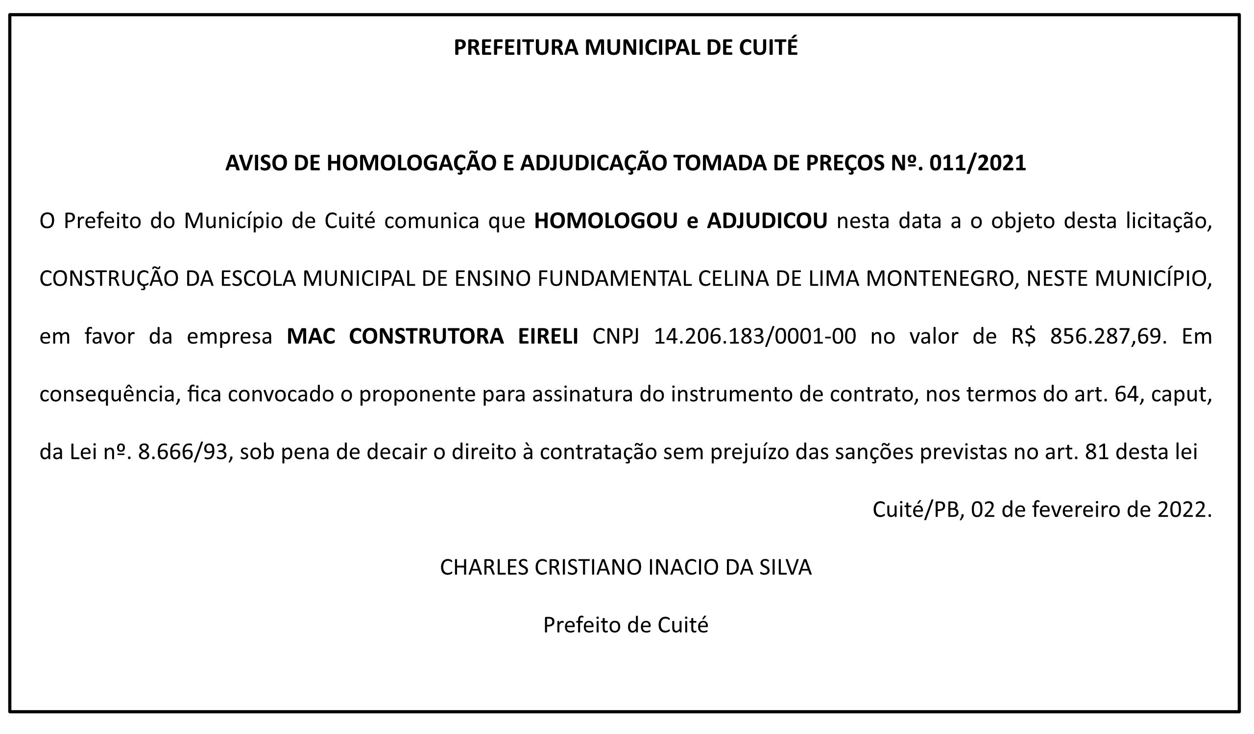 PREFEITURA MUNICIPAL DE CUITÉ – AVISO DE HOMOLOGAÇÃO E ADJUDICAÇÃO – TOMADA DE PREÇOS Nº 011/2021