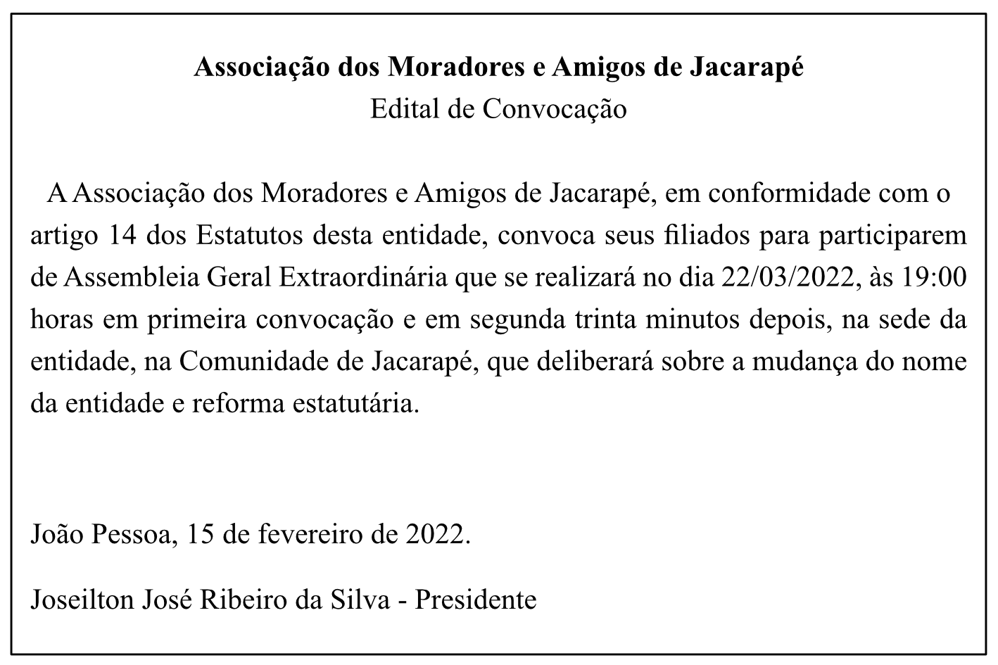 Associação dos Moradores e Amigos de Jacarapé – Edital de Convocação