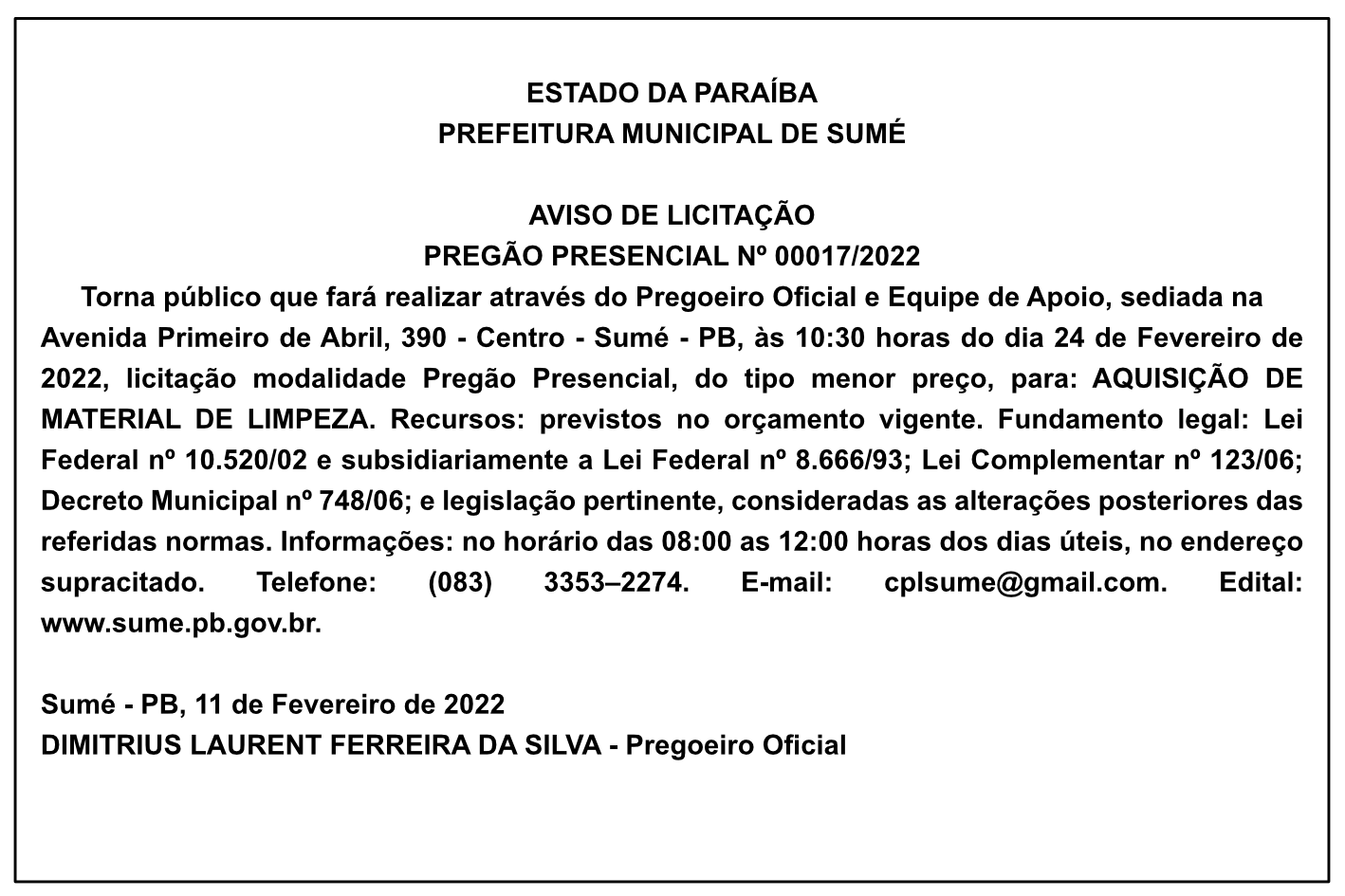 PREFEITURA MUNICIPAL DE SUMÉ – AVISO DE LICITAÇÃO – PREGÃO PRESENCIAL Nº 00017/2022