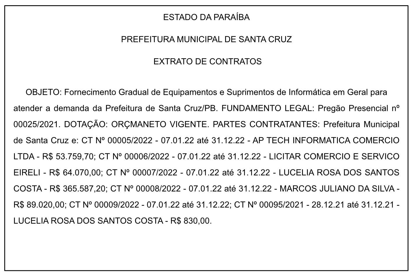 PREFEITURA MUNICIPAL DE SANTA CRUZ – EXTRATO DE CONTRATOS