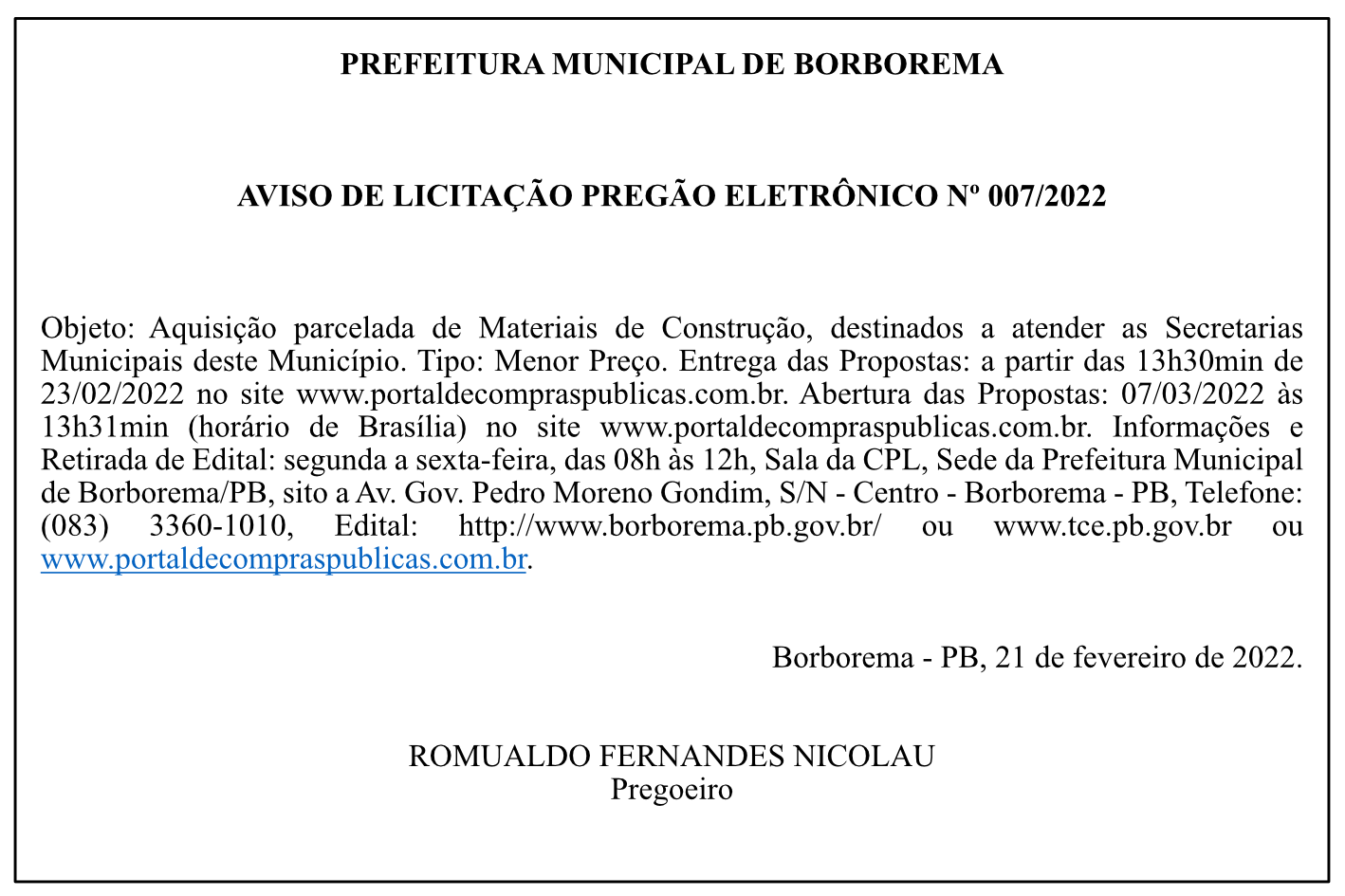 PREFEITURA MUNICIPAL DE BORBOREMA – AVISO DE LICITAÇÃO – PREGÃO ELETRÔNICO Nº 007/2022