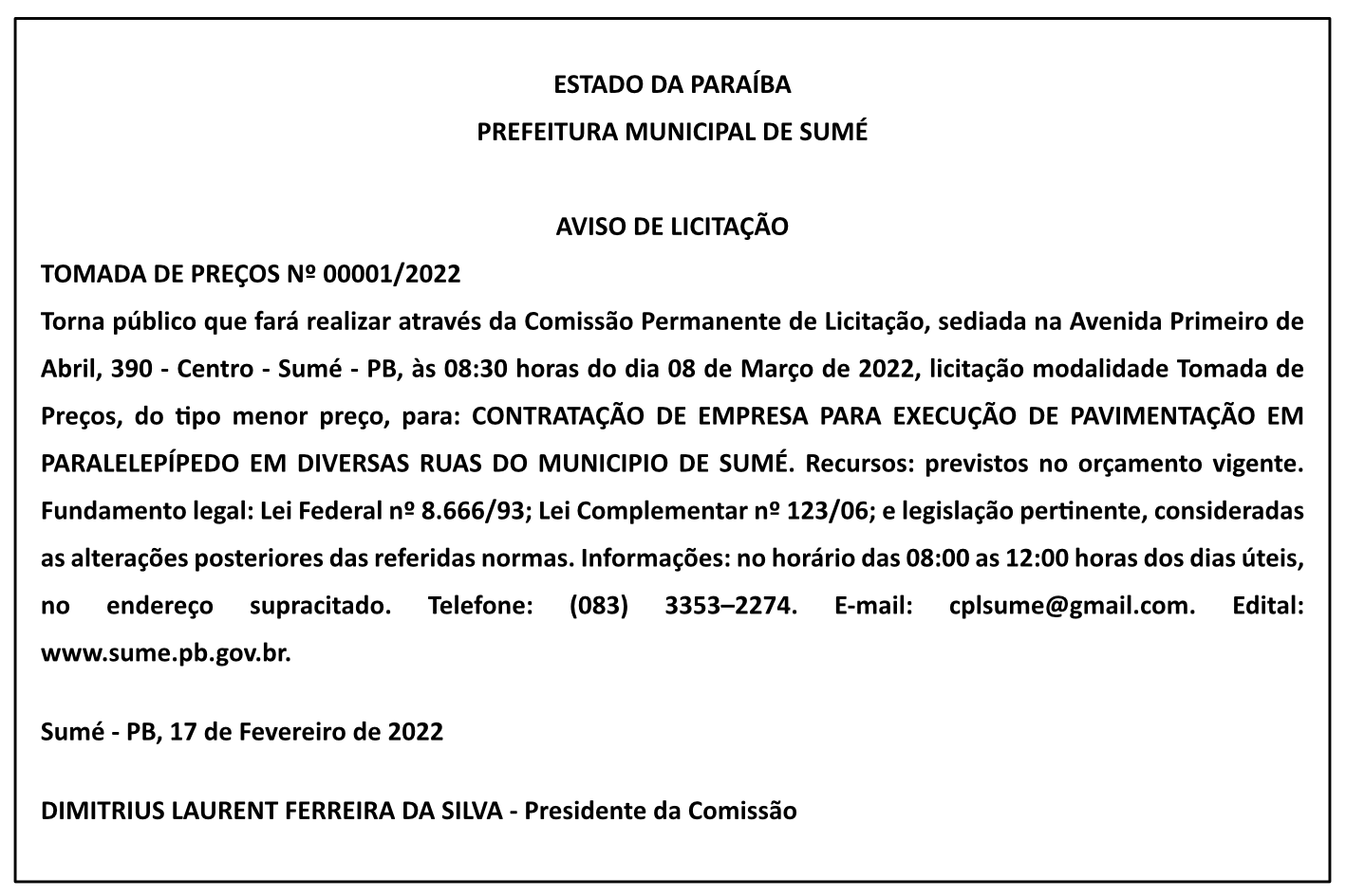 PREFEITURA MUNICIPAL DE SUMÉ – AVISO DE LICITAÇÃO – TOMADA DE PREÇOS Nº 00001/2022