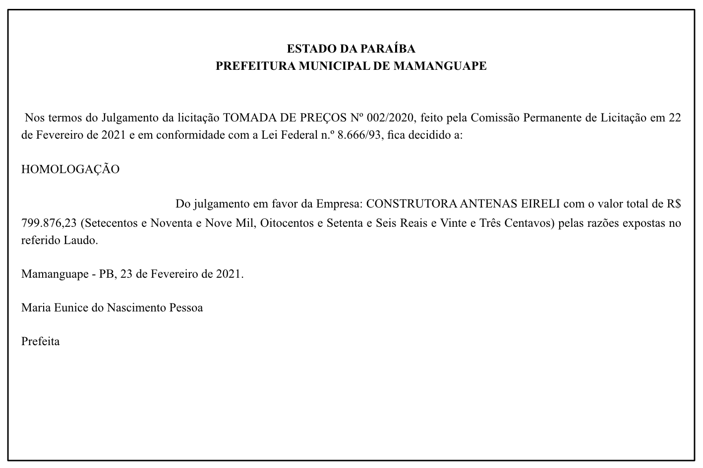 PREFEITURA MUNICIPAL DE MAMANGUAPE – HOMOLOGAÇÃO