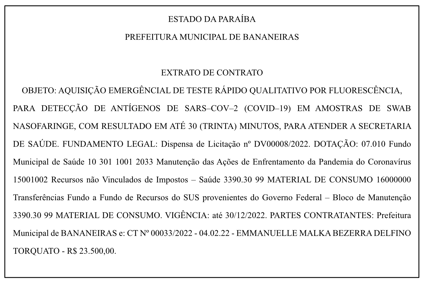 PREFEITURA MUNICIPAL DE BANANEIRAS – EXTRATO DE CONTRATO