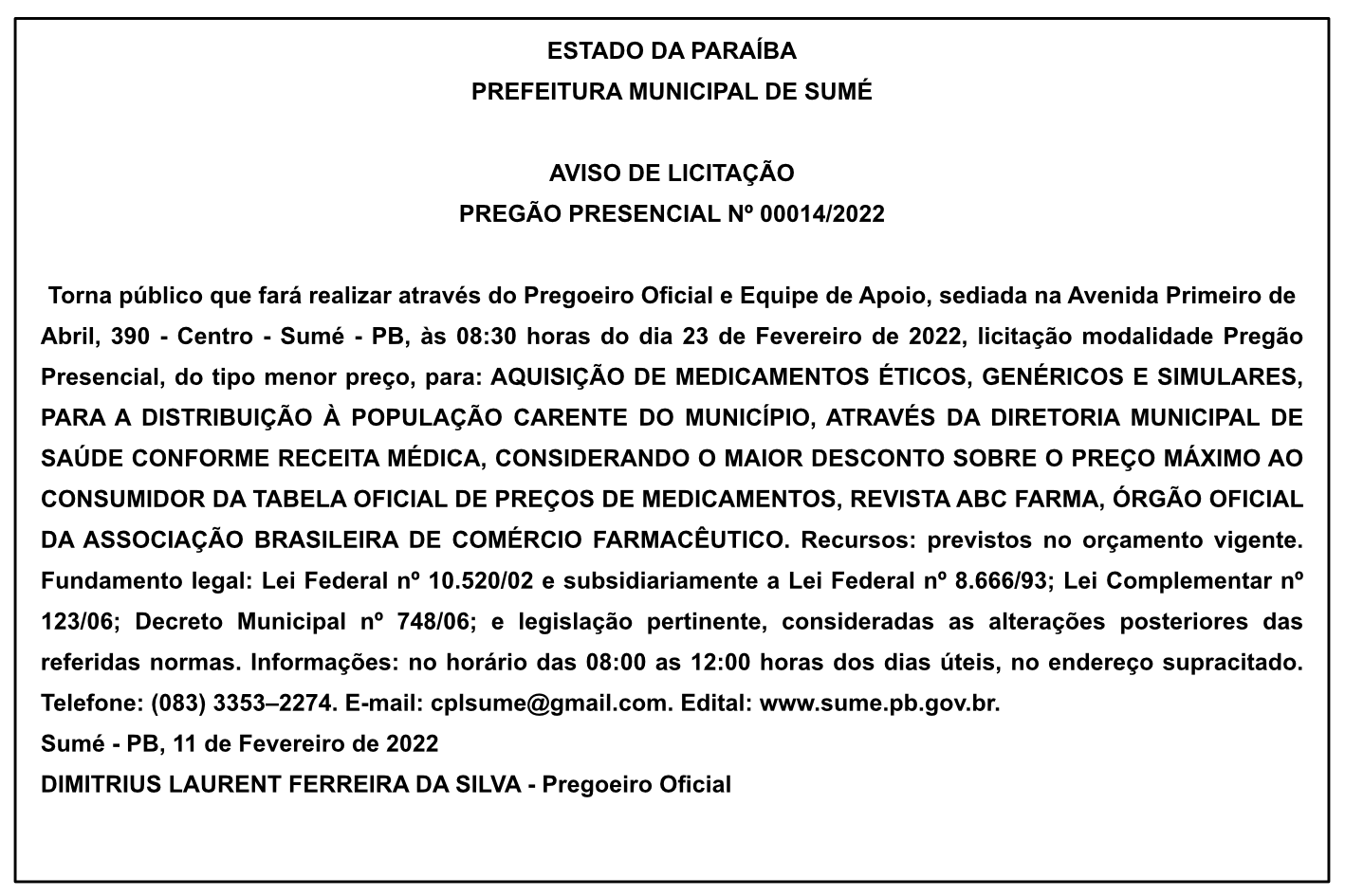 PREFEITURA MUNICIPAL DE SUMÉ – AVISO DE LICITAÇÃO – PREGÃO PRESENCIAL Nº 00014/2022