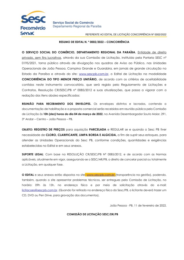SESC – RESUMO DE EDITAL N.o 0002/2022 – CONCORRÊNCIA