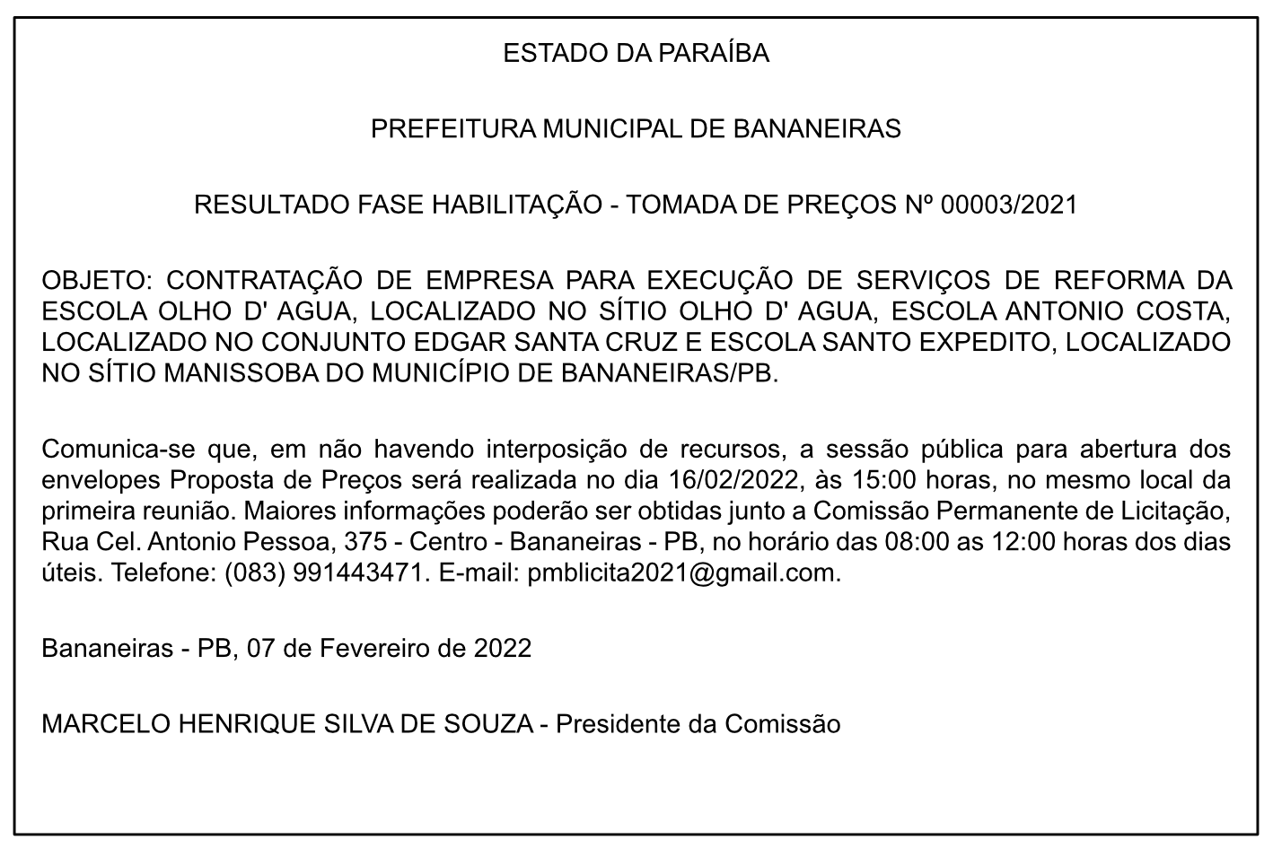 PREFEITURA MUNICIPAL DE BANANEIRAS – RESULTADO FASE HABILITAÇÃO – TOMADA DE PREÇOS Nº 00003/2021