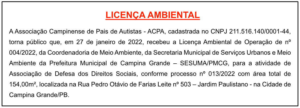Associação Campinense de Pais de Autistas – ACPA – Licença Ambiental