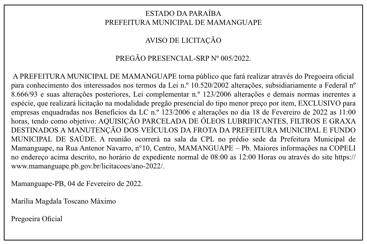 PREFEITURA MUNICIPAL DE MAMANGUAPE – AVISO DE LICITAÇÃO – PREGÃO PRESENCIAL-SRP Nº 005/2022